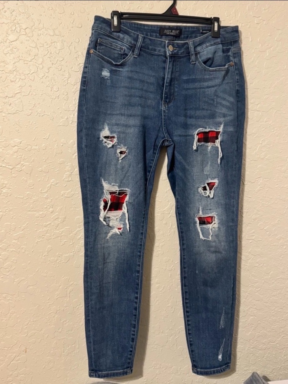 Judy Blue Medium Blue Skinny Jeans with Red Plaid Patch Accents
